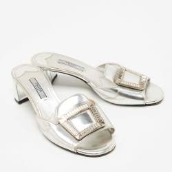 Pre Owned Prada Silver Leather Crystal Embellished Slide Sandals Size 36