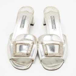 Pre Owned Prada Silver Leather Crystal Embellished Slide Sandals Size 36