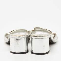 Pre Owned Prada Silver Leather Crystal Embellished Slide Sandals Size 36