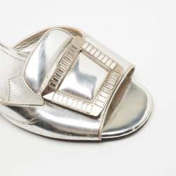 Pre Owned Prada Silver Leather Crystal Embellished Slide Sandals Size 36