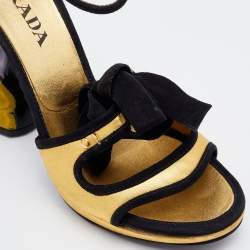 Pre Owned Prada Gold/Black Leather and Suede  Floral Heel Ankle Strap Sandals Size 35.5