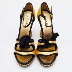 Pre Owned Prada Gold/Black Leather and Suede  Floral Heel Ankle Strap Sandals Size 35.5