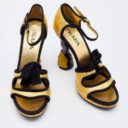 Pre Owned Prada Gold/Black Leather and Suede  Floral Heel Ankle Strap Sandals Size 35.5