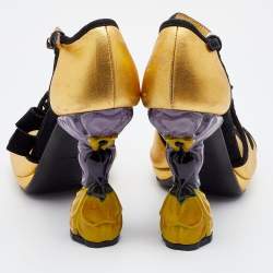 Pre Owned Prada Gold/Black Leather and Suede  Floral Heel Ankle Strap Sandals Size 35.5