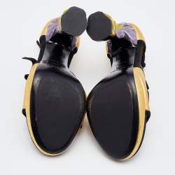 Pre Owned Prada Gold/Black Leather and Suede  Floral Heel Ankle Strap Sandals Size 35.5