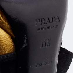 Pre Owned Prada Gold/Black Leather and Suede  Floral Heel Ankle Strap Sandals Size 35.5
