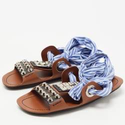 Prada Brown/Blue Leather Studded Ribbon Flat Sandals Size 36