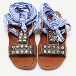 Prada Brown/Blue Leather Studded Ribbon Flat Sandals Size 36