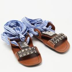 Prada Brown/Blue Leather Studded Ribbon Flat Sandals Size 36