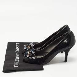 Pre Owned Prada Black Leather and Sequin Flower Embellished Peep Toe Pumps Size 40