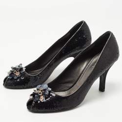 Pre Owned Prada Black Leather and Sequin Flower Embellished Peep Toe Pumps Size 40