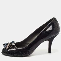 Pre Owned Prada Black Leather and Sequin Flower Embellished Peep Toe Pumps Size 40