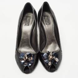 Pre Owned Prada Black Leather and Sequin Flower Embellished Peep Toe Pumps Size 40