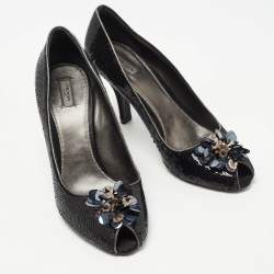 Pre Owned Prada Black Leather and Sequin Flower Embellished Peep Toe Pumps Size 40