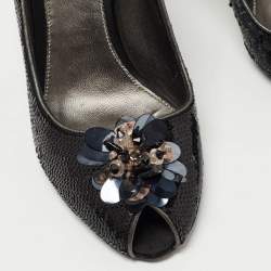 Pre Owned Prada Black Leather and Sequin Flower Embellished Peep Toe Pumps Size 40