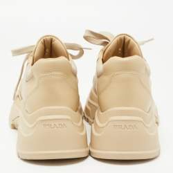 مملوكة مس بقًا Prada Beige Leather and Mesh Lace Up Sneakers Size 39