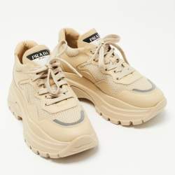 مملوكة مسبقًا Prada Beige Leather and Mesh Lace Up Sneakers Size 39