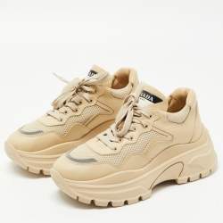 مملوكة مسبقًا Prada Beige Leather and Mesh Lace Up Sneakers Size 39