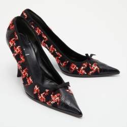 Pre Owned Prada Black/Red Tweed and Leather Pointed Toe Bow Detail Pumps 40