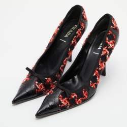 Pre Owned Prada Black/Red Tweed and Leather Pointed Toe Bow Detail Pumps 40