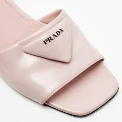 Prada Light Pink Leather Logo Flat Slides Size 37