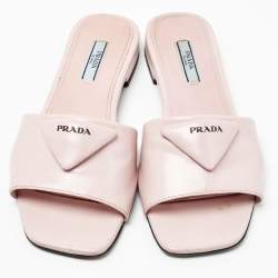 Prada Light Pink Leather Logo Flat Slides Size 37