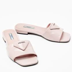 Prada Light Pink Leather Logo Flat Slides Size 37