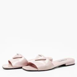 Prada Light Pink Leather Logo Flat Slides Size 37