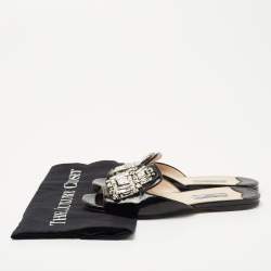 Prada Black Patent Leather Crystal Embellished Flat Slides Size 35.5     