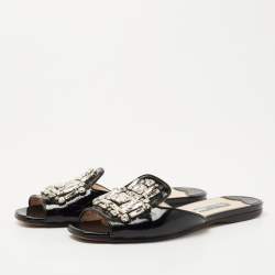 Prada Black Patent Leather Crystal Embellished Flat Slides Size 35.5     