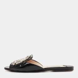 Prada Black Patent Leather Crystal Embellished Flat Slides Size 35.5     