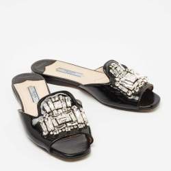 Prada Black Patent Leather Crystal Embellished Flat Slides Size 35.5     