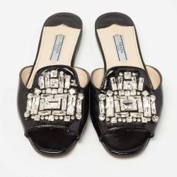 Prada Black Patent Leather Crystal Embellished Flat Slides Size 35.5     