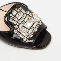 Prada Black Patent Leather Crystal Embellished Flat Slides Size 35.5     