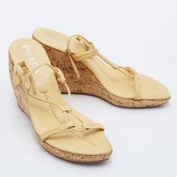 Prada Yellow Leather Ankle Strap Wedge Sandals Size 39