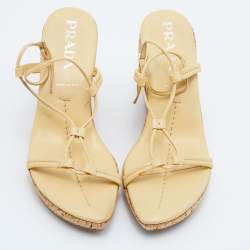 Prada Yellow Leather Ankle Strap Wedge Sandals Size 39