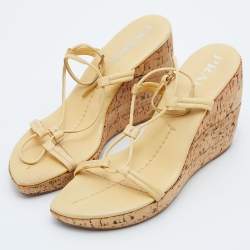 Prada Yellow Leather Ankle Strap Wedge Sandals Size 39