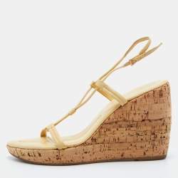 Prada Yellow Leather Ankle Strap Wedge Sandals Size 39