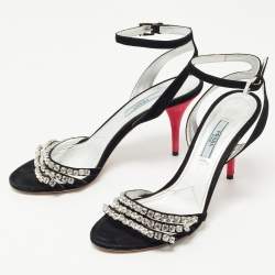Pre Owned Prada Black/Silver Suede Crystal Embellished Ankle Strap Sandals Size 37