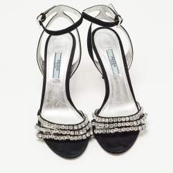 Pre Owned Prada Black/Silver Suede Crystal Embellished Ankle Strap Sandals Size 37