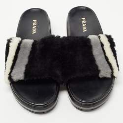 Prada Black/White Leather and Fur Flat Slides Size 38.5  