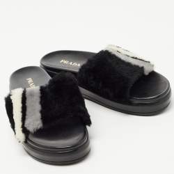 Prada Black/White Leather and Fur Flat Slides Size 38.5  
