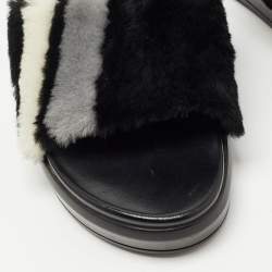 Prada Black/White Leather and Fur Flat Slides Size 38.5  