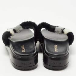 Prada Black/White Leather and Fur Flat Slides Size 38.5  