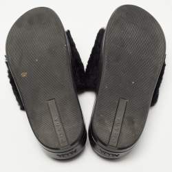 Prada Black/White Leather and Fur Flat Slides Size 38.5  
