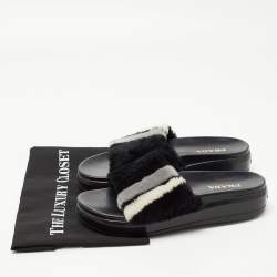 Prada Black/White Leather and Fur Flat Slides Size 38.5  