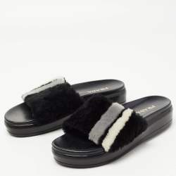 Prada Black/White Leather and Fur Flat Slides Size 38.5  