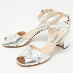 Prada Silver Leather Ankle Strap Block Sandals Size 38