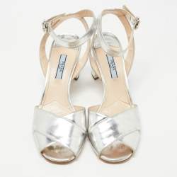 Prada Silver Leather Ankle Strap Block Sandals Size 38