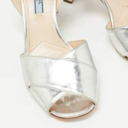 Prada Silver Leather Ankle Strap Block Sandals Size 38